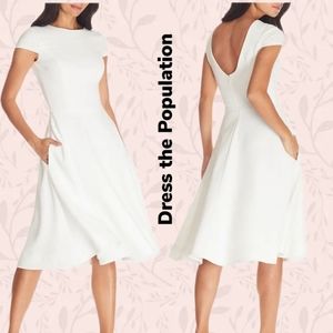 Dress The Population Livia Ivory Fit & Flare Dress Sz L Pockets Crepe Elegant.